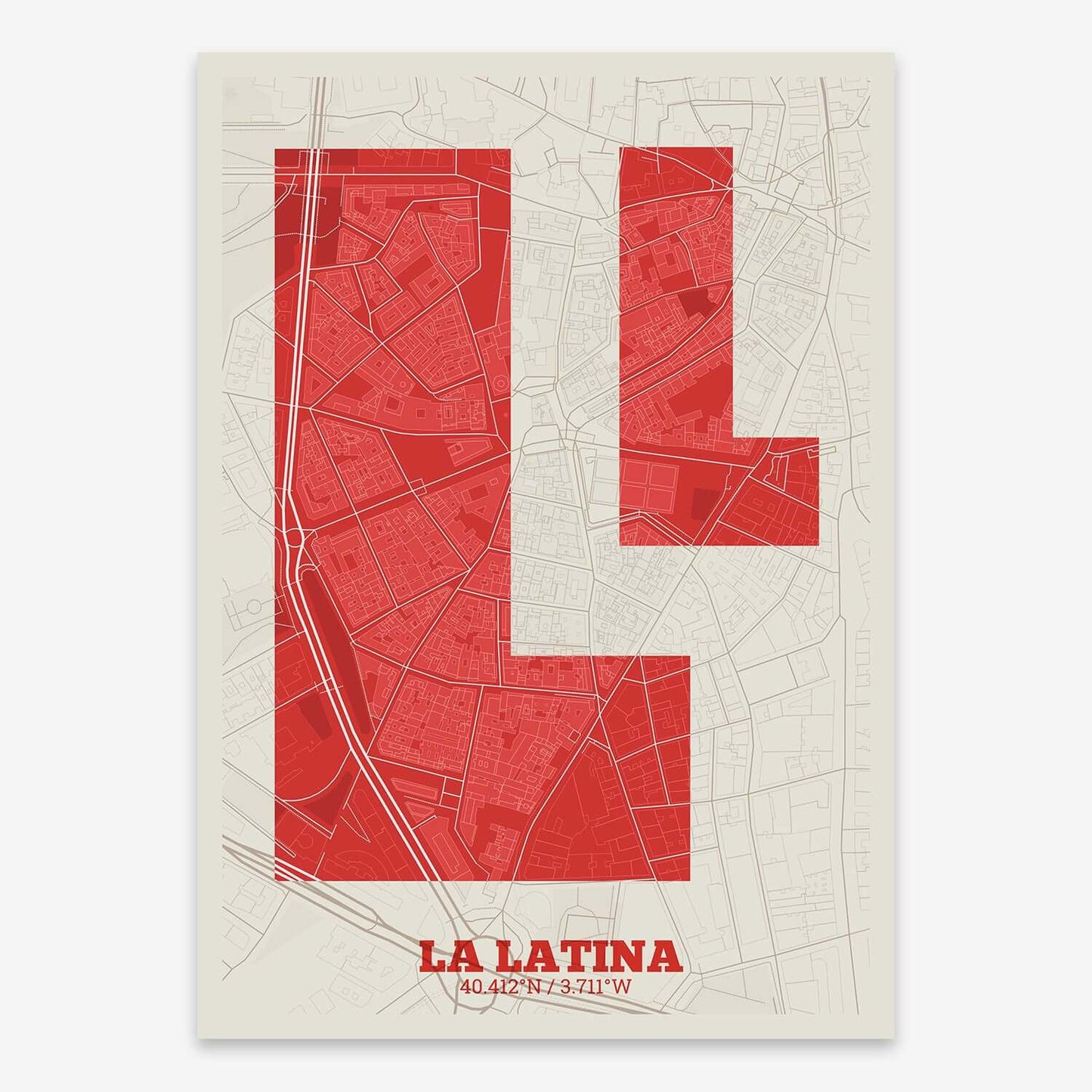 The map of La Latina composed with letters in a heavy geometric font printed on purple and light blue