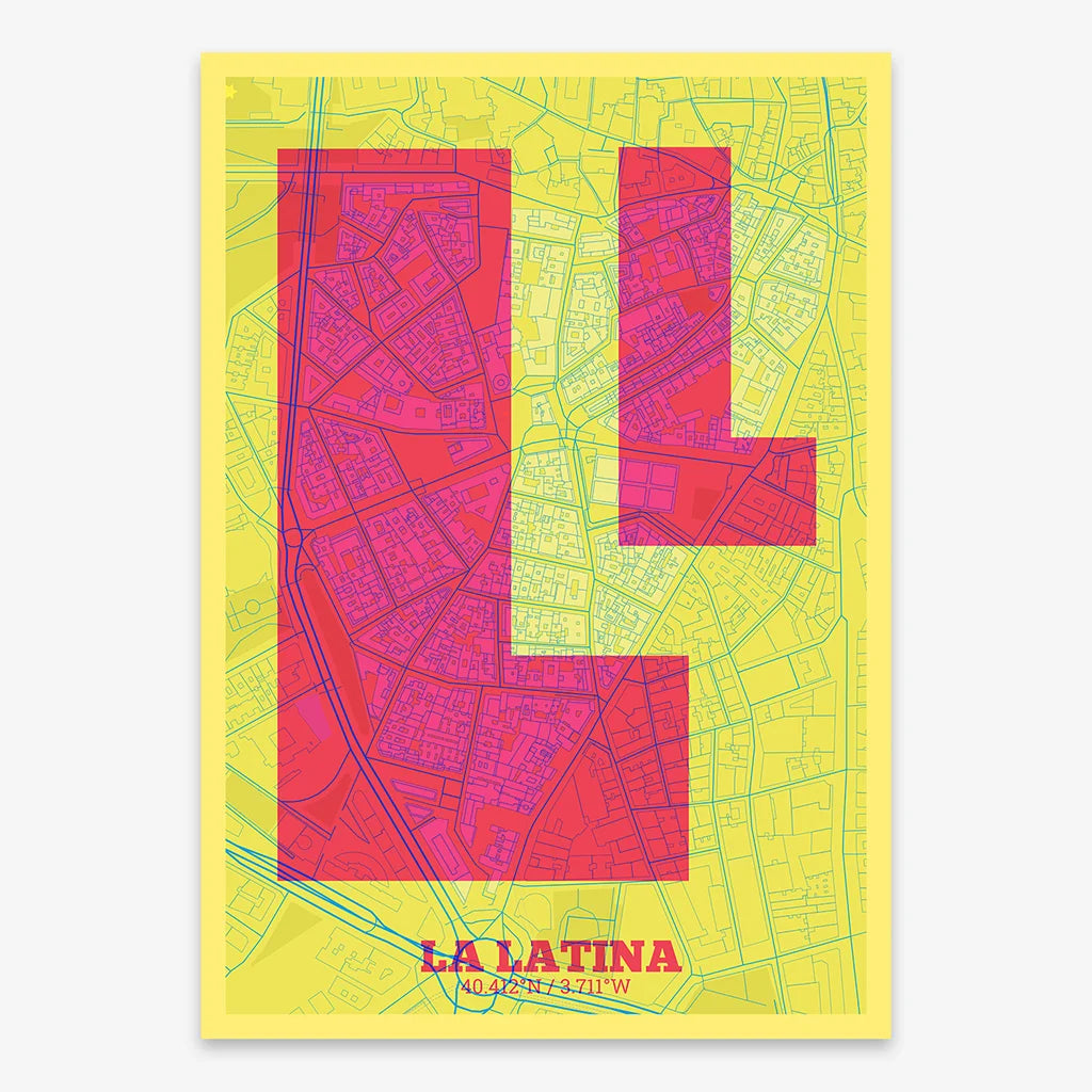 Decorative print of Madrid composed with letters in a heavy geometric font printed on yellow and fuchsia
