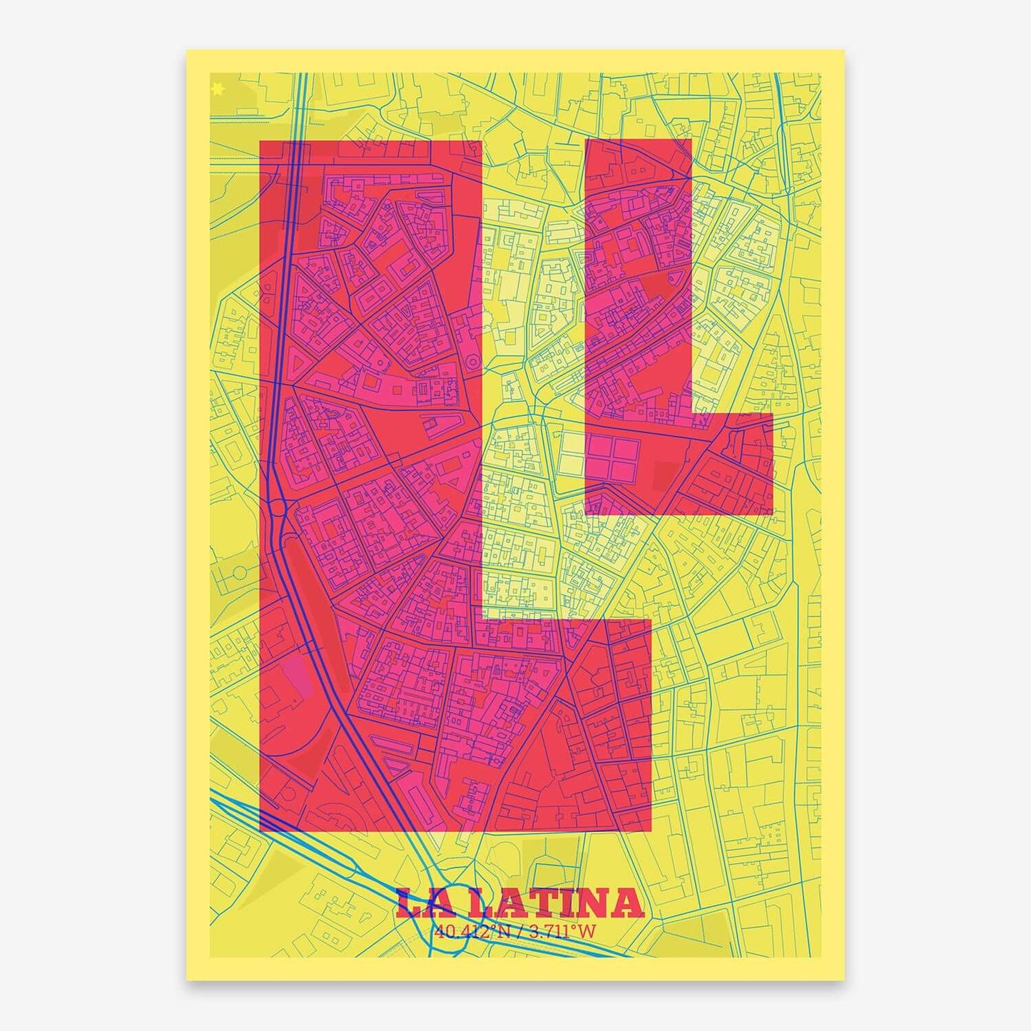 The map of La Latina composed with letters in a heavy geometric font printed on yellow and fuchsia