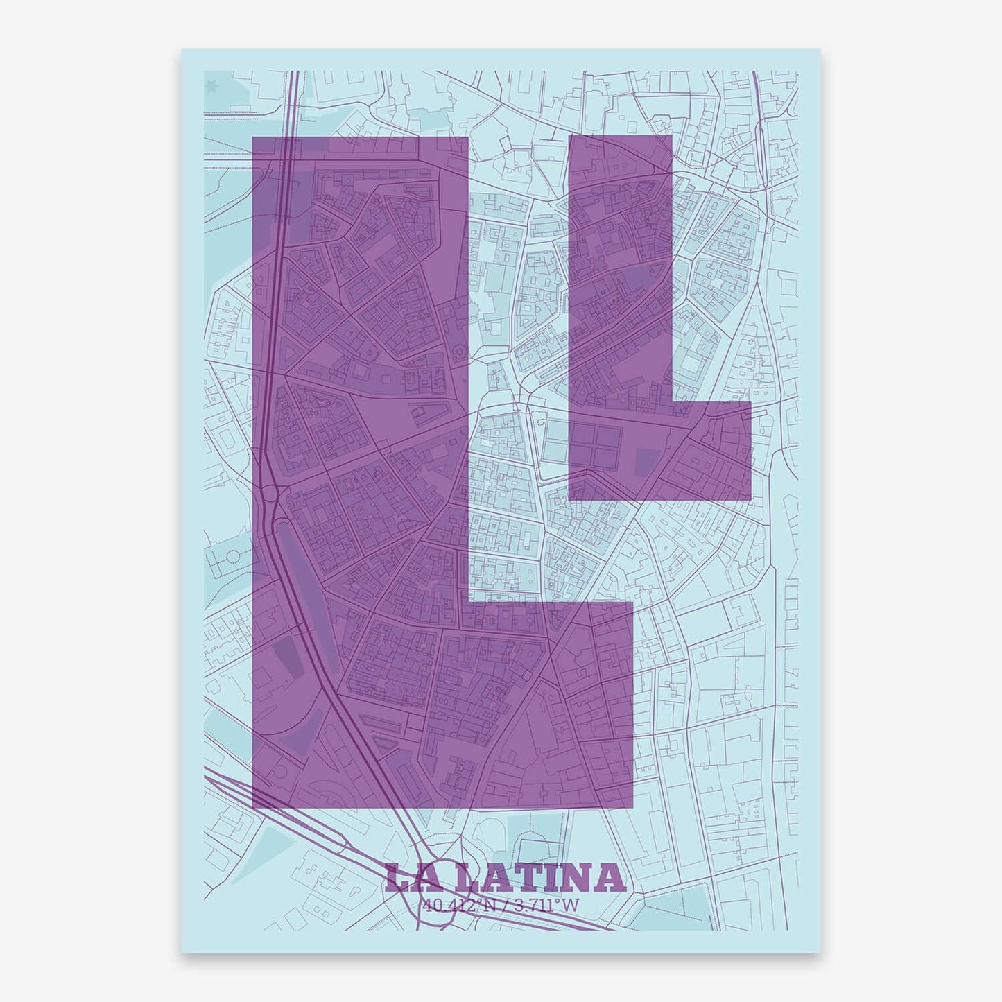 The map of La Latina composed with letters in a heavy geometric font printed on red and an off-white background