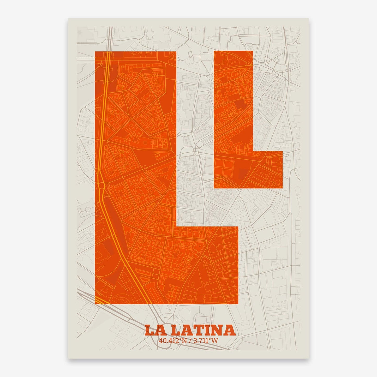 The map of La Latina composed with letters in a heavy geometric font printed on orange and an off-white background