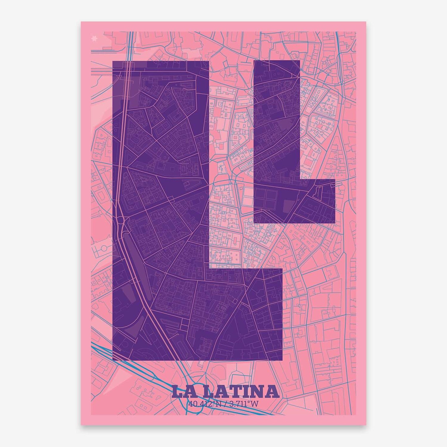 The map of La Latina composed with letters in a heavy geometric font printed on violet y pink background