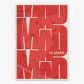 The map of La Latina, Madrid, in Inseparable design, featuring the city's abbreviation in expressive typography over a detailed urban map designed in red and an off-white background