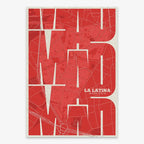 The map of La Latina, Madrid, in Inseparable design, featuring the city's abbreviation in expressive typography over a detailed urban map designed in red and an off-white background