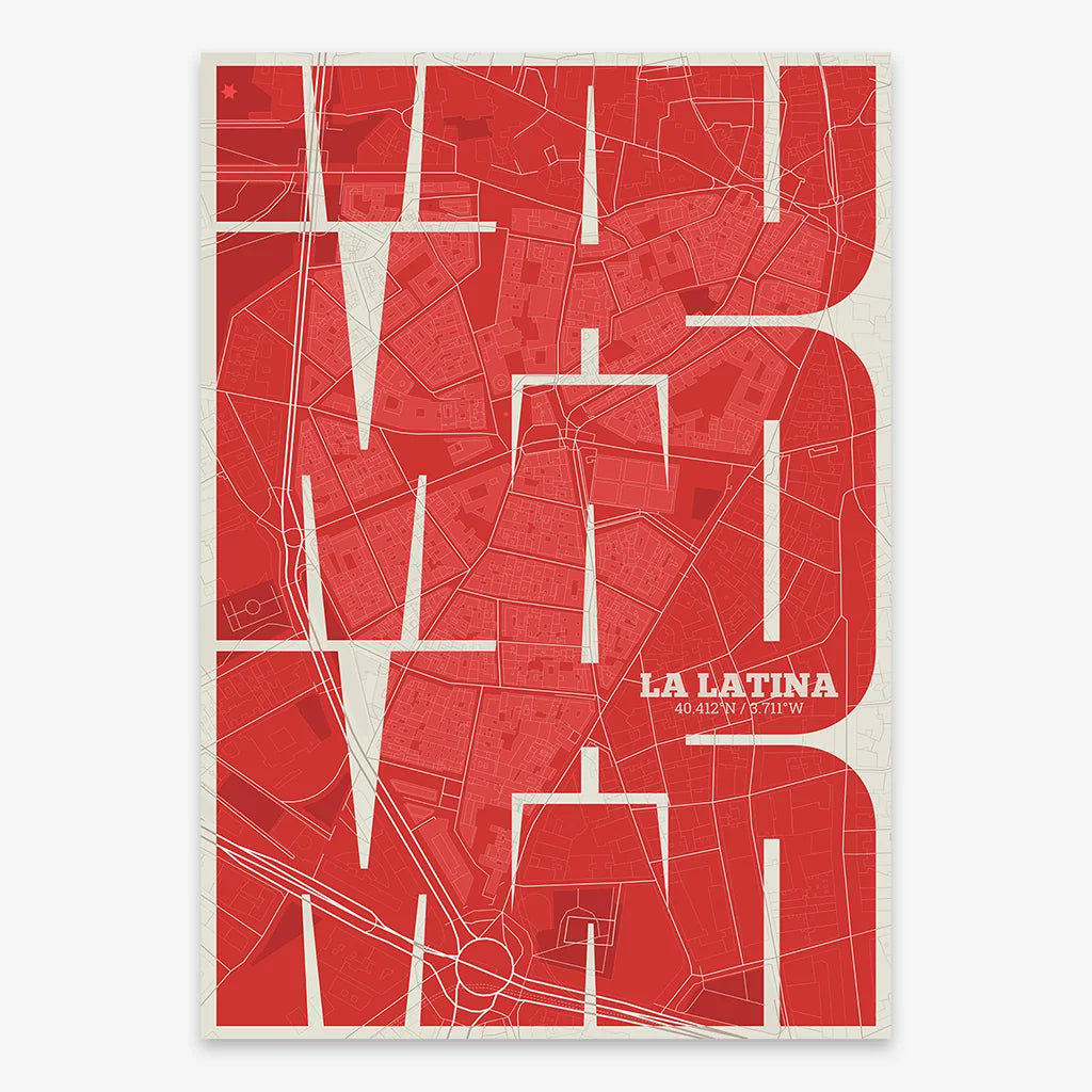 Poster of Madrid composed with letters from its abbreviation or its airport IATA code printed on red and an off-white background