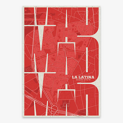 Poster of Madrid composed with letters from its abbreviation or its airport IATA code printed on red and an off-white background