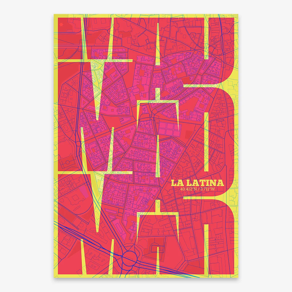 Poster of Madrid composed with letters from its abbreviation or its airport IATA code printed on yellow and fuchsia