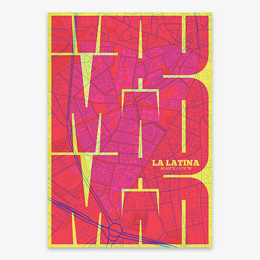 Poster of Madrid composed with letters from its abbreviation or its airport IATA code printed on yellow and fuchsia