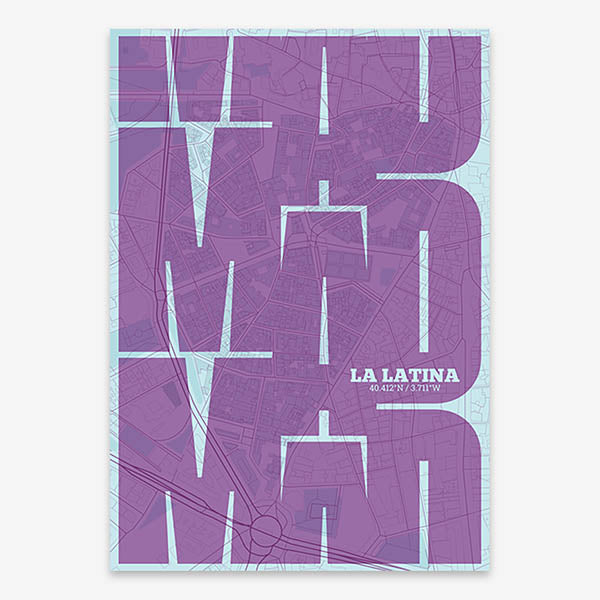 Poster of Madrid composed with letters from its abbreviation or its airport IATA code printed on purple and light blue