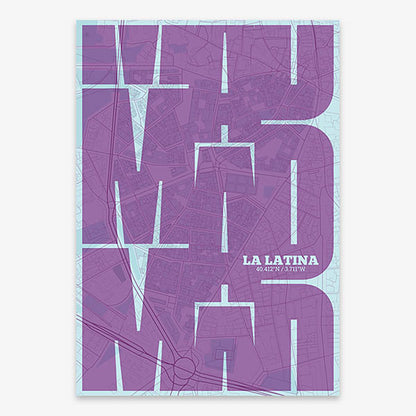 Poster of Madrid composed with letters from its abbreviation or its airport IATA code printed on purple and light blue