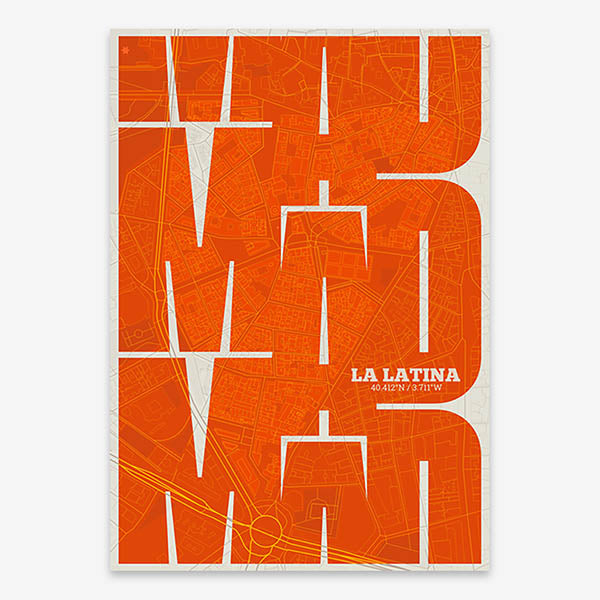 Poster of Madrid composed with letters from its abbreviation or its airport IATA code printed on orange and an off-white background
