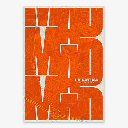 Poster of Madrid composed with letters from its abbreviation or its airport IATA code printed on orange and an off-white background