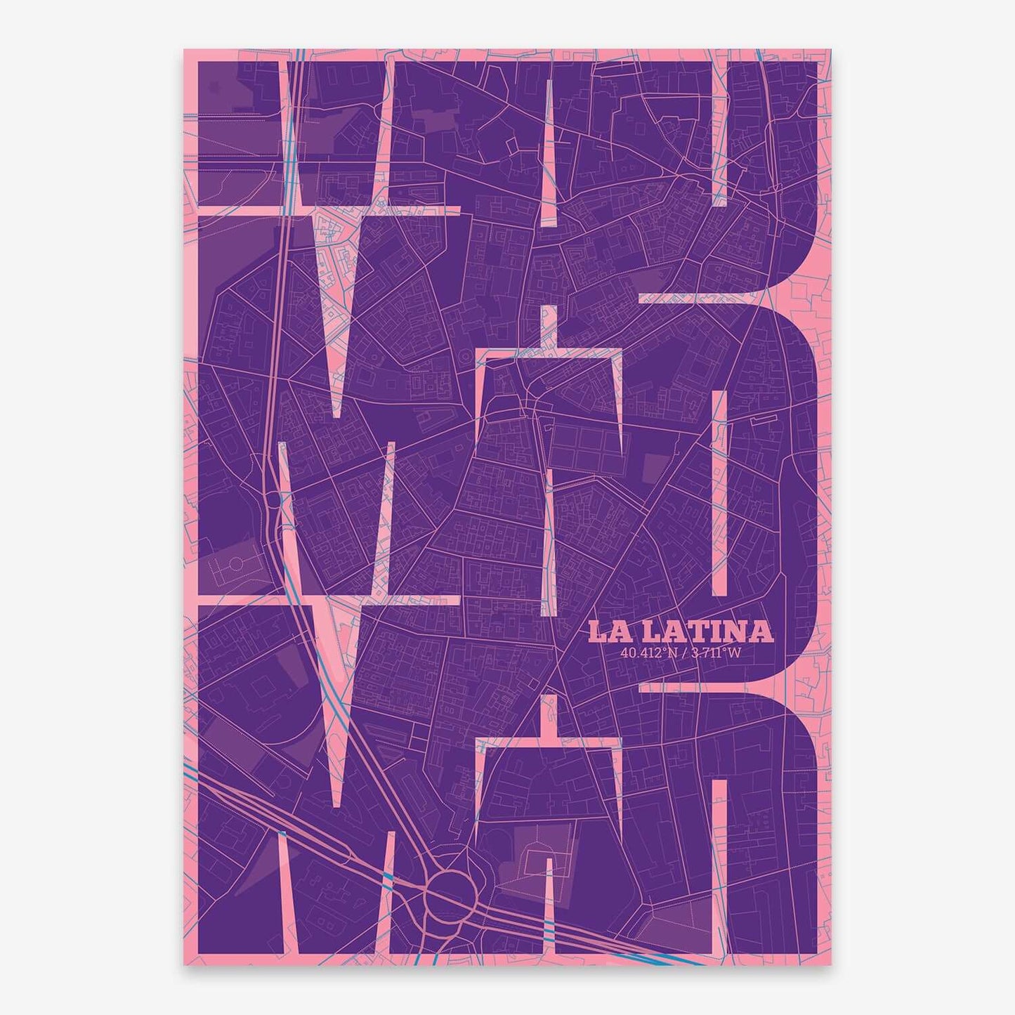 The map of La Latina composed with letters from its name or IATA code printed on violet y pink background