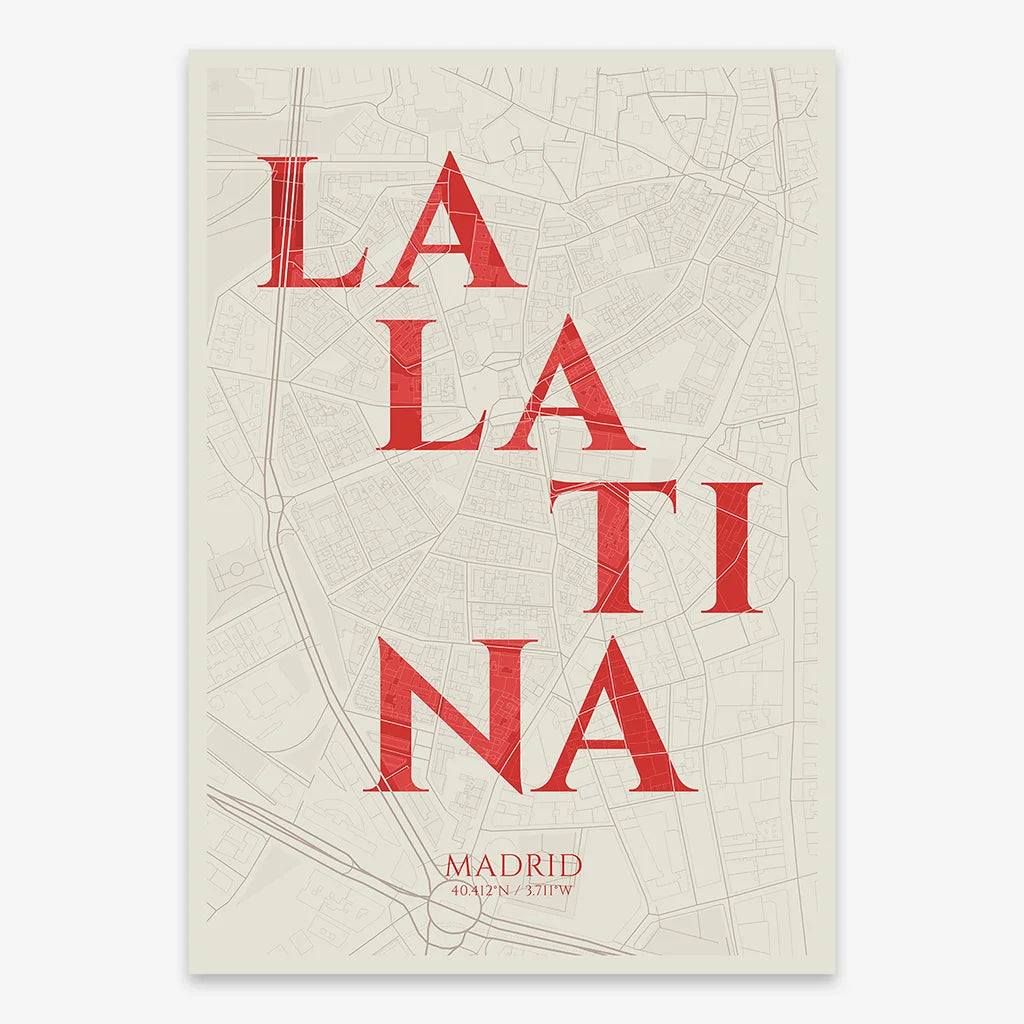 Decorative map of Madrid composed with letters in serif font printed on red and an off-white background
