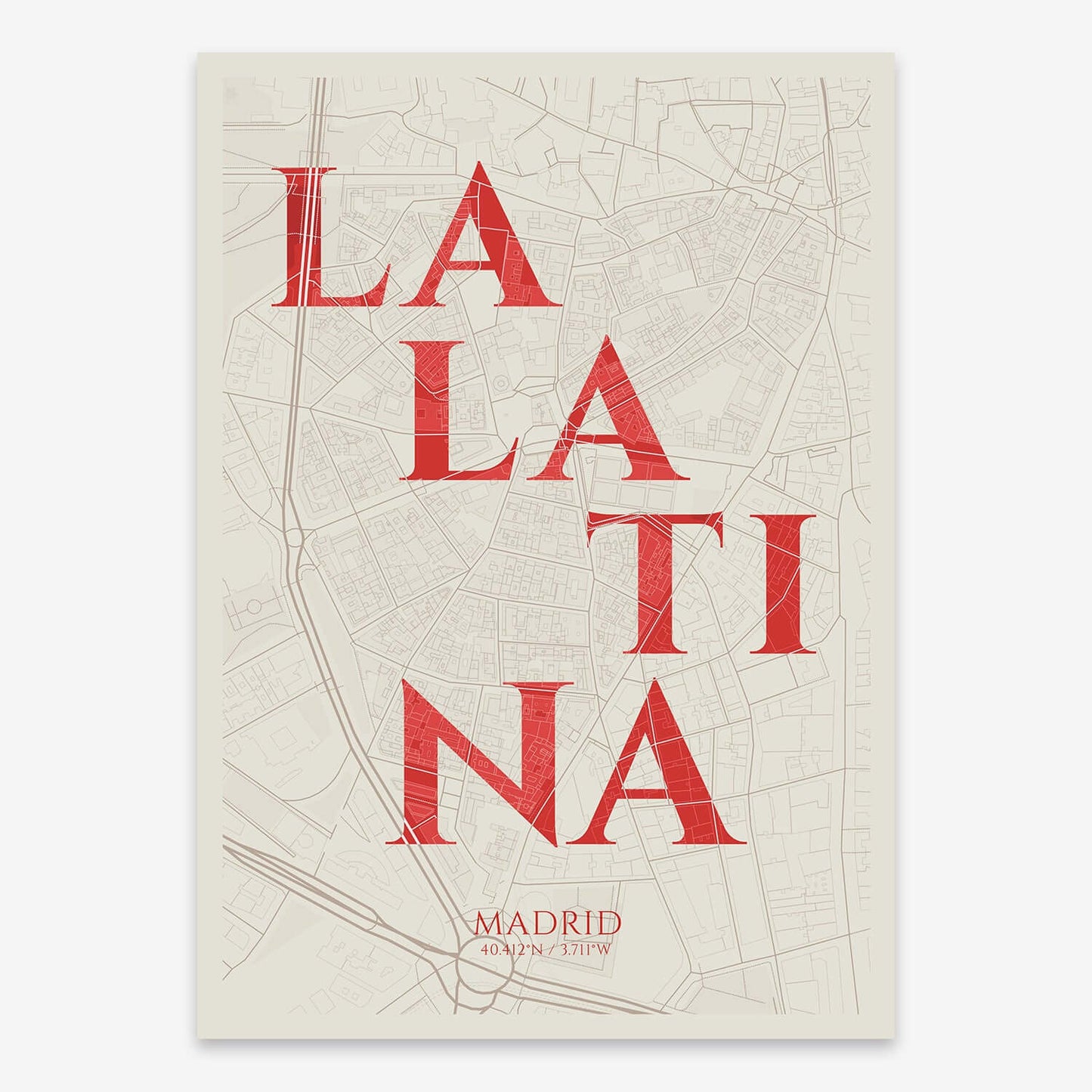 The map of La Latina composed with letters in serif font printed on violet y pink background