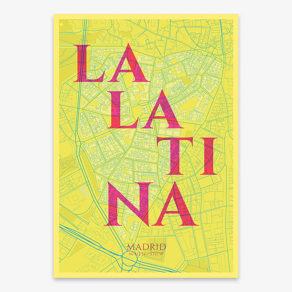 Decorative map of Madrid composed with letters in serif font printed on yellow and fuchsia