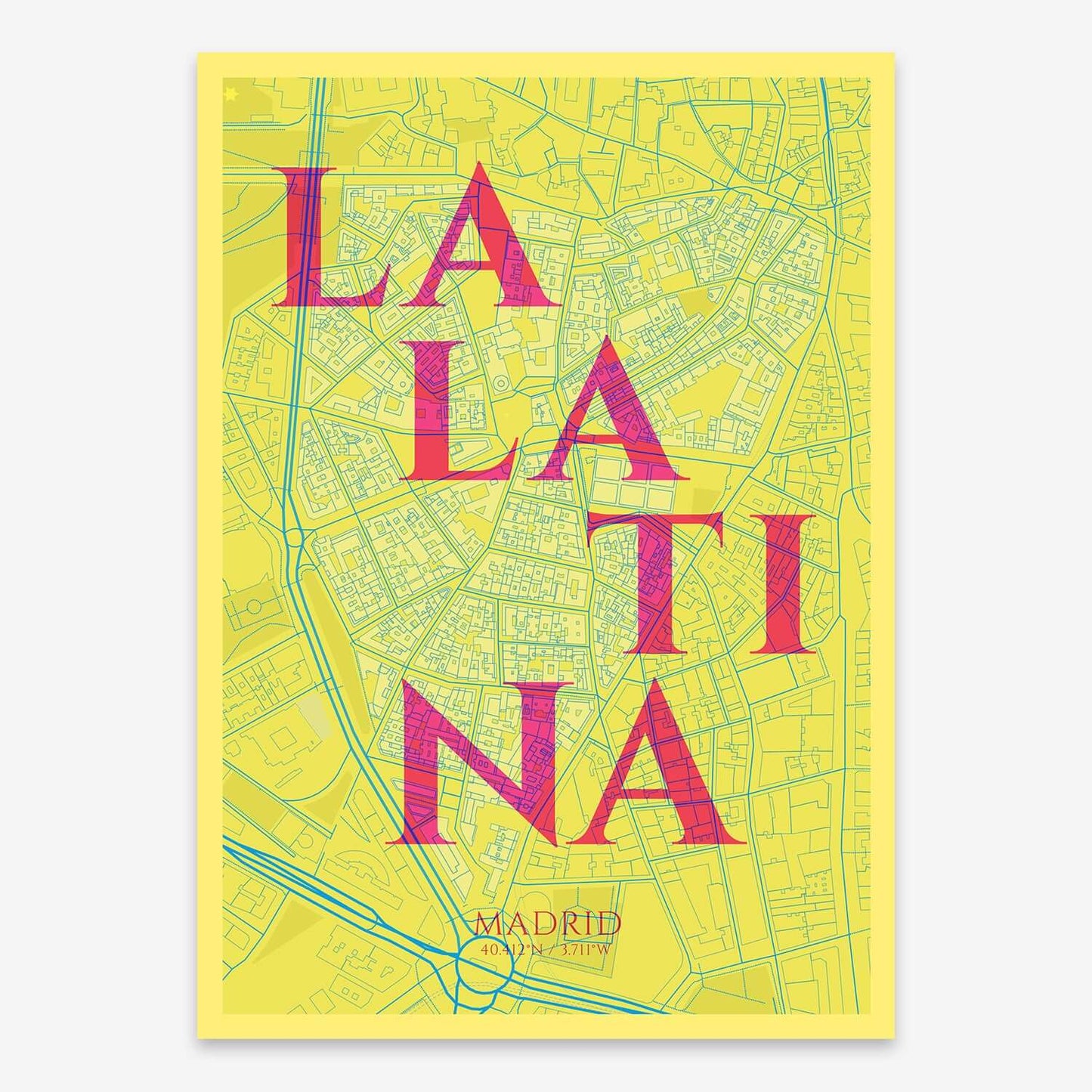 The map of La Latina composed with letters in serif font printed on red and an off-white background