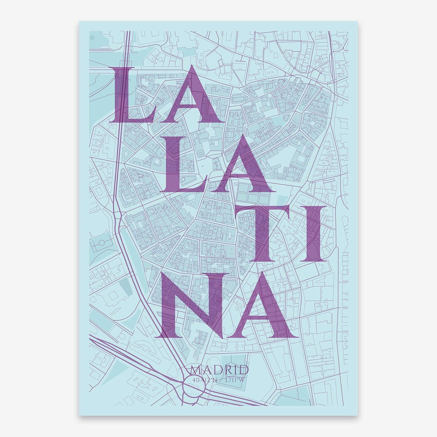 The map of La Latina composed with letters in serif font printed on yellow and fuchsia