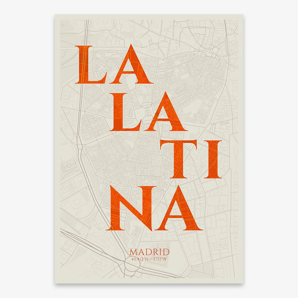 Decorative map of Madrid composed with letters in serif font printed on orange and an off-white background
