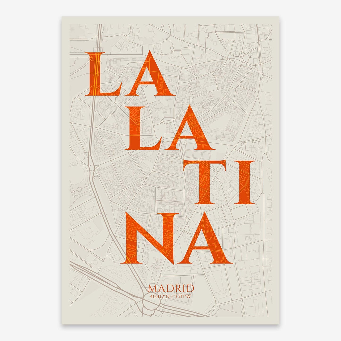 The map of La Latina composed with letters in serif font printed on orange and an off-white background