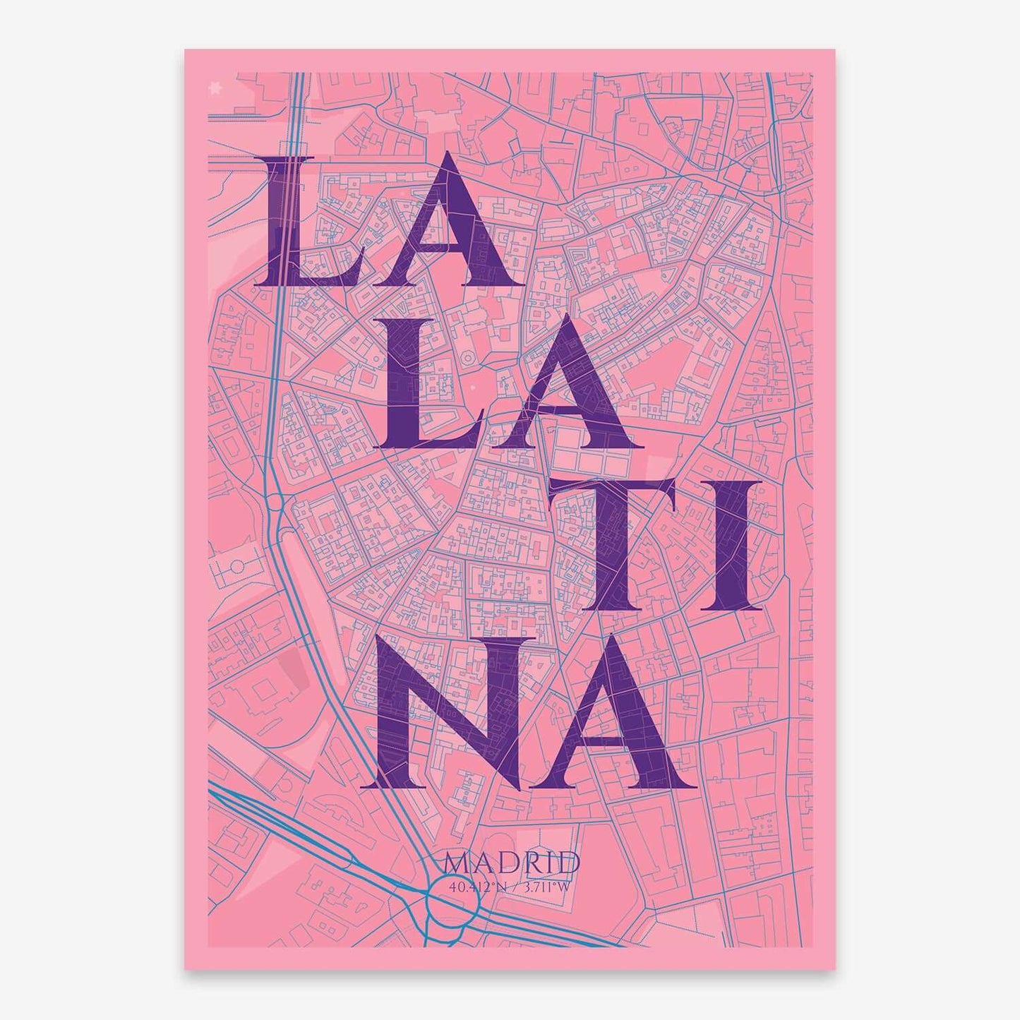 The map of La Latina composed with letters in serif font printed on purple and light blue