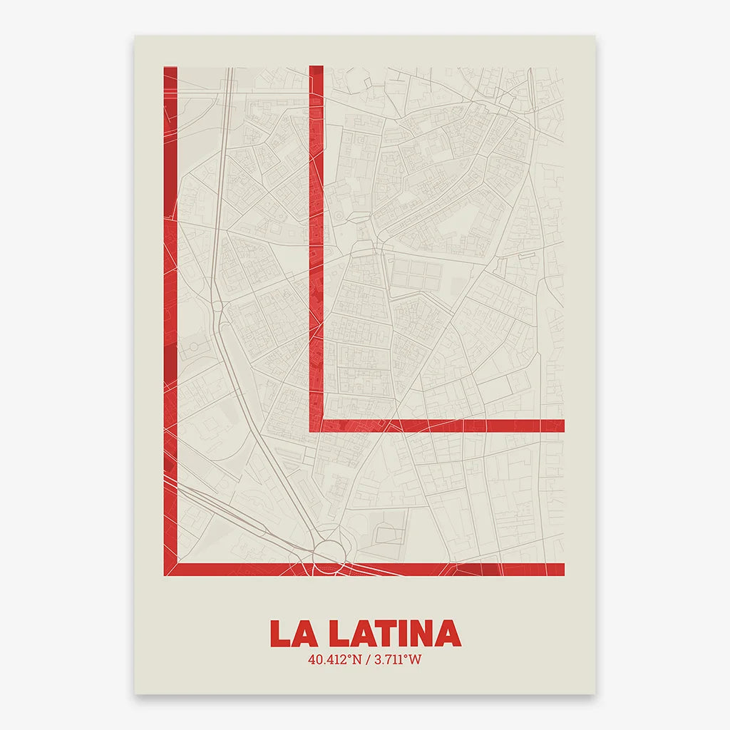 Poster of Madrid composed with letters in extra light font printed on red and an off-white background