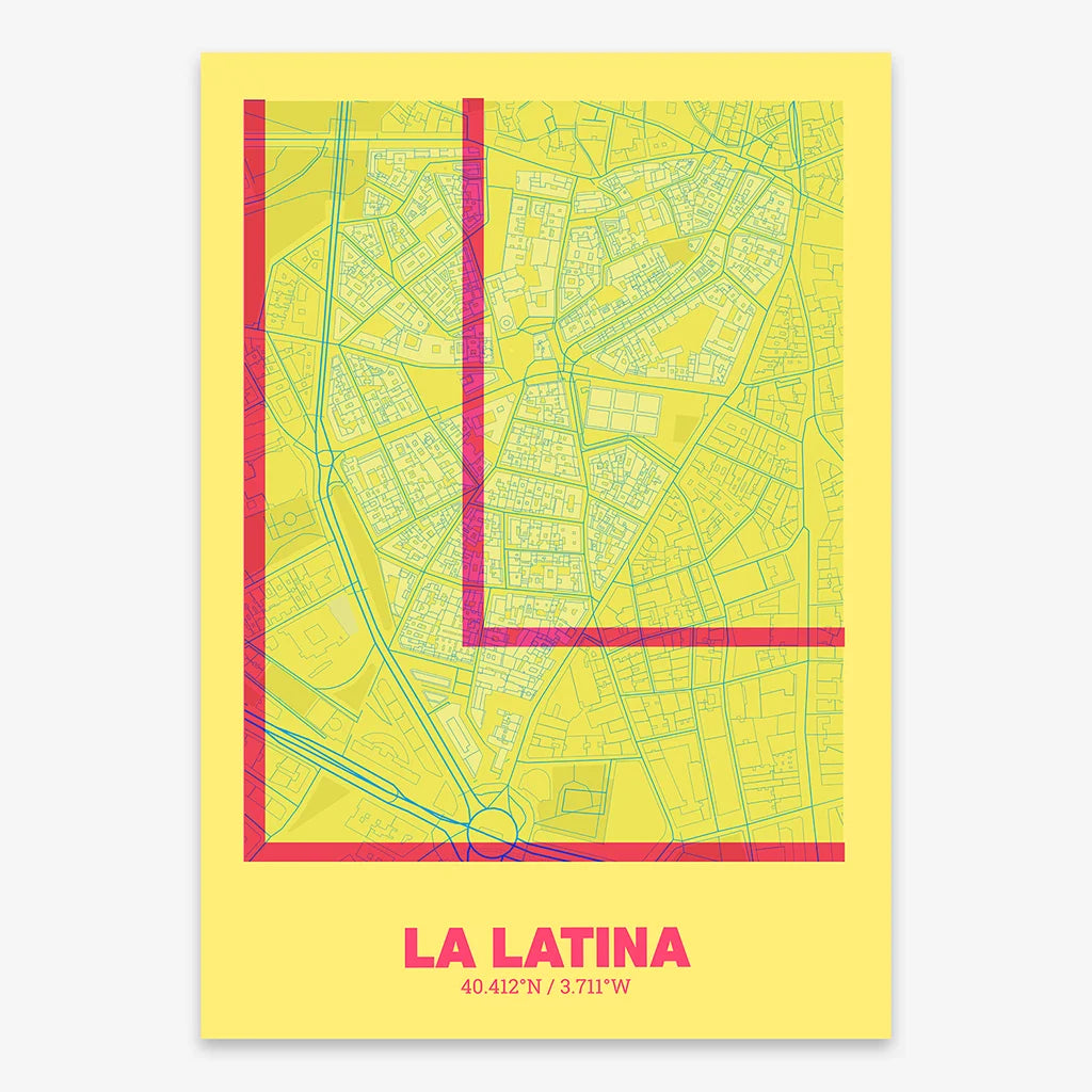 Poster of Madrid composed with letters in extra light font printed on yellow and fuchsia