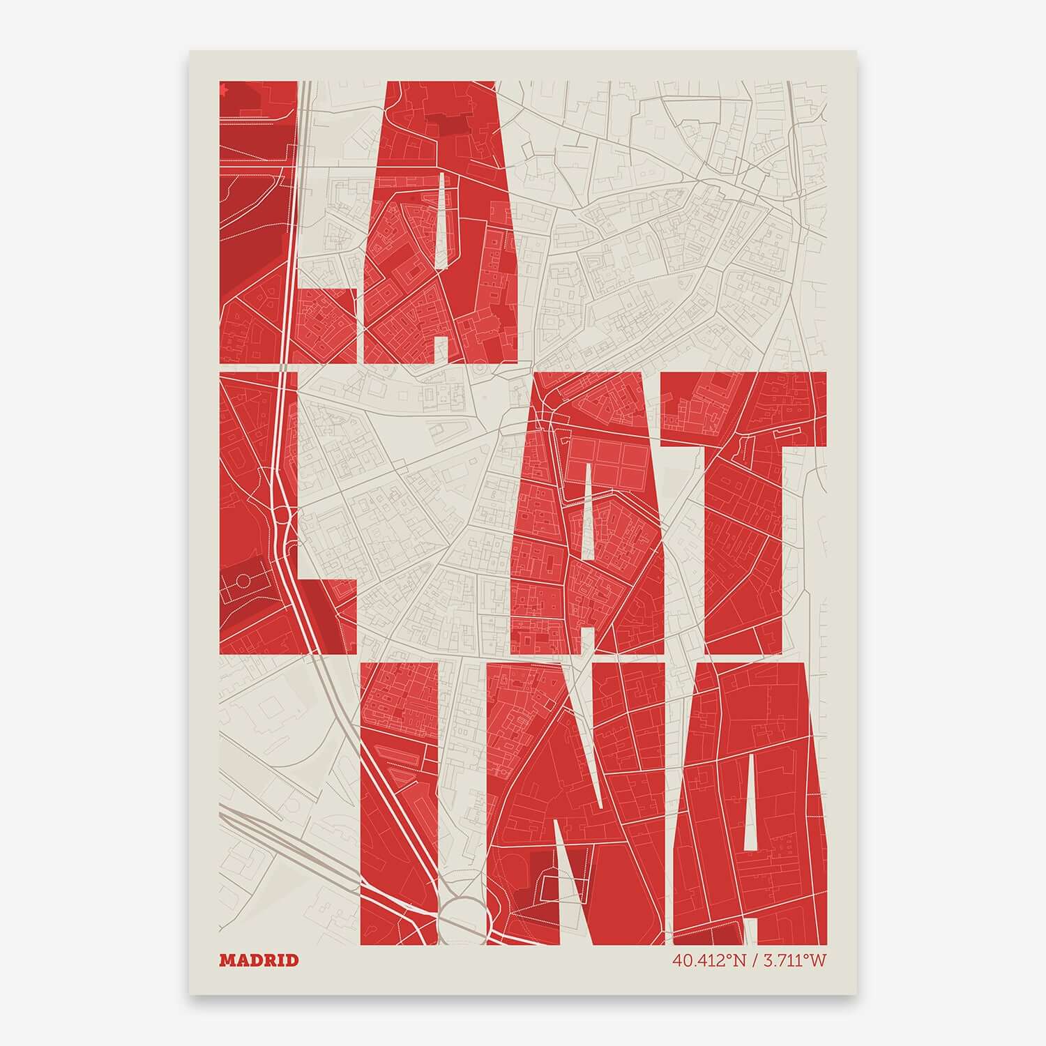 The map of La Latina with letters of its name placed randomly, designed in red and an off-white background