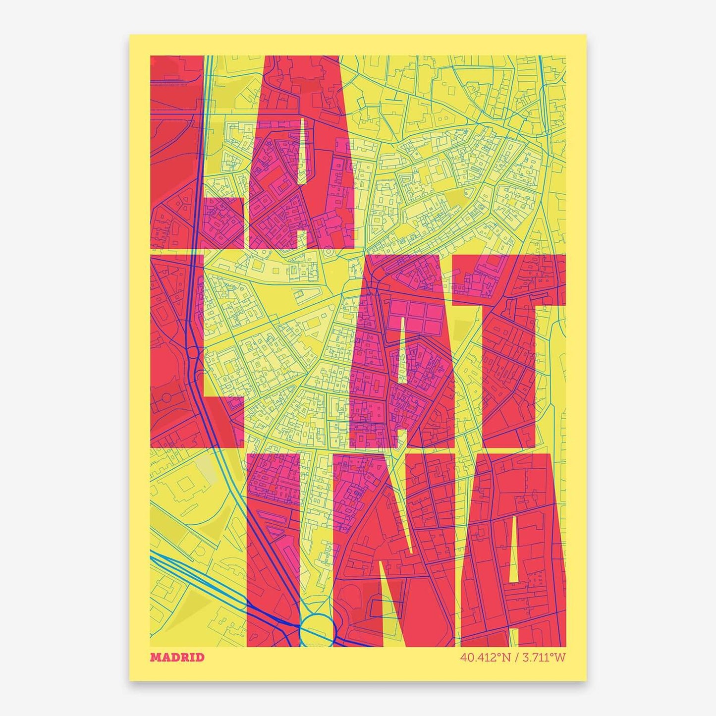 The map of La Latina with letters of its name placed randomly, designed in yellow and fuchsia