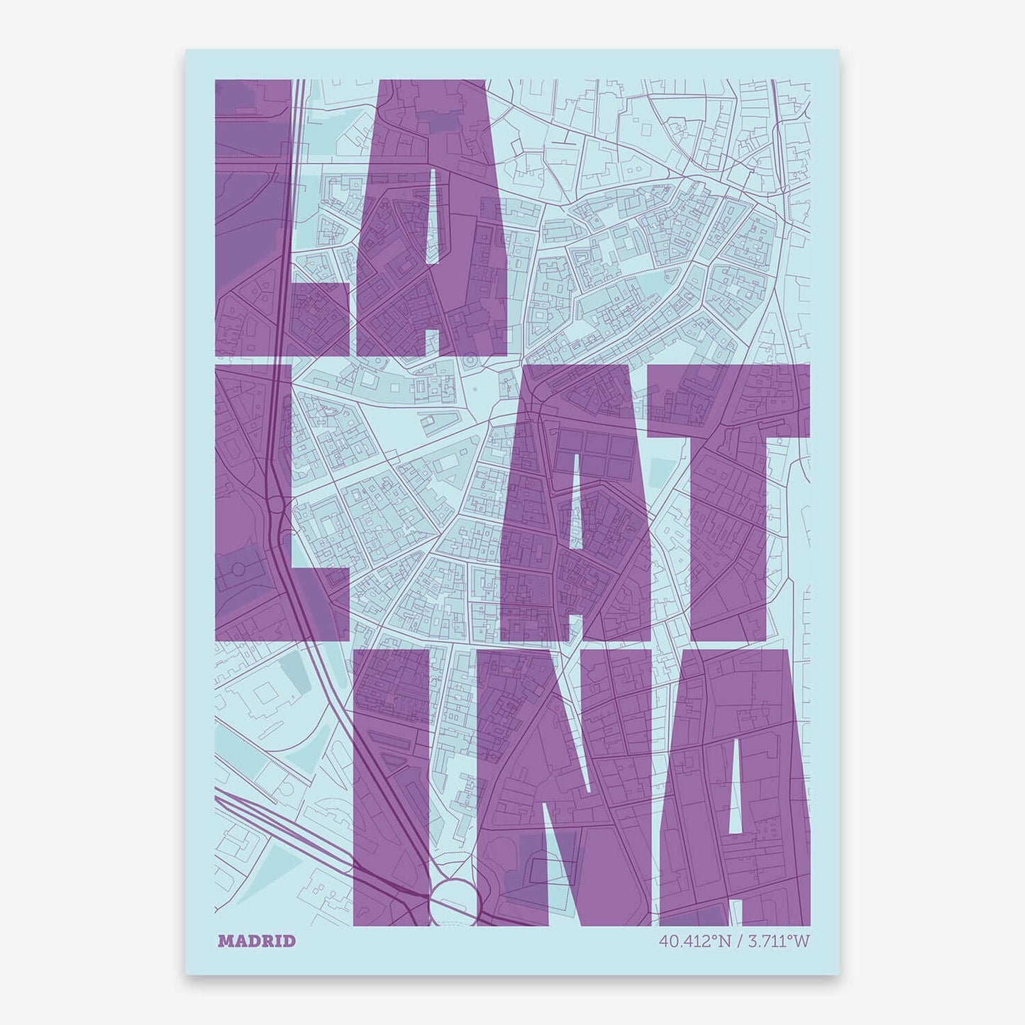 The map of La Latina with letters of its name placed randomly, designed in purple and light blue