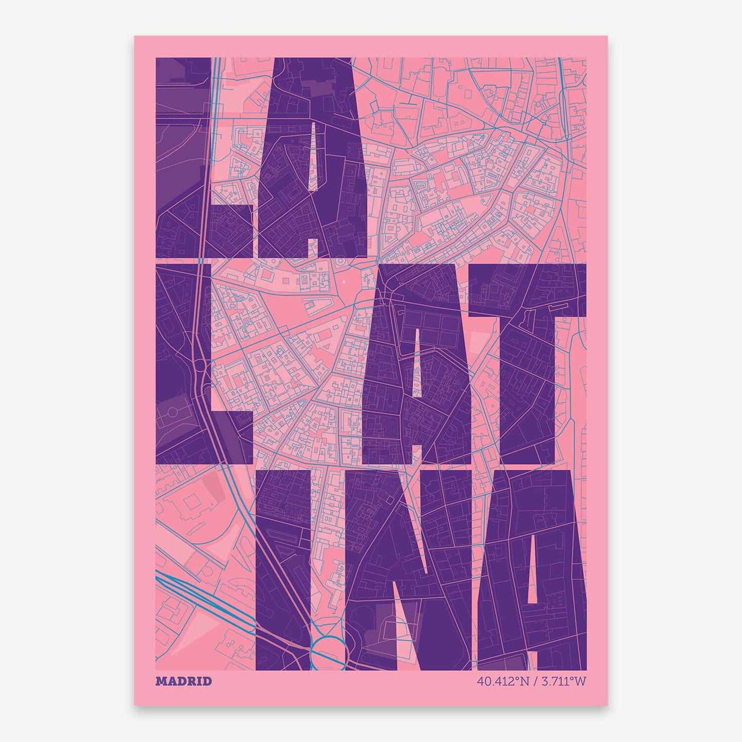 The map of La Latina with letters of its name placed randomly, designed in violet y pink background