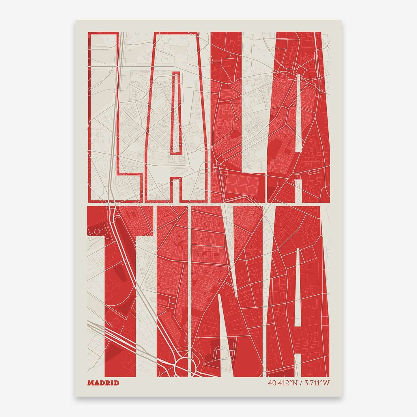 The map of La Latina composed with letters in a heavy geometric font printed on red and an off-white background