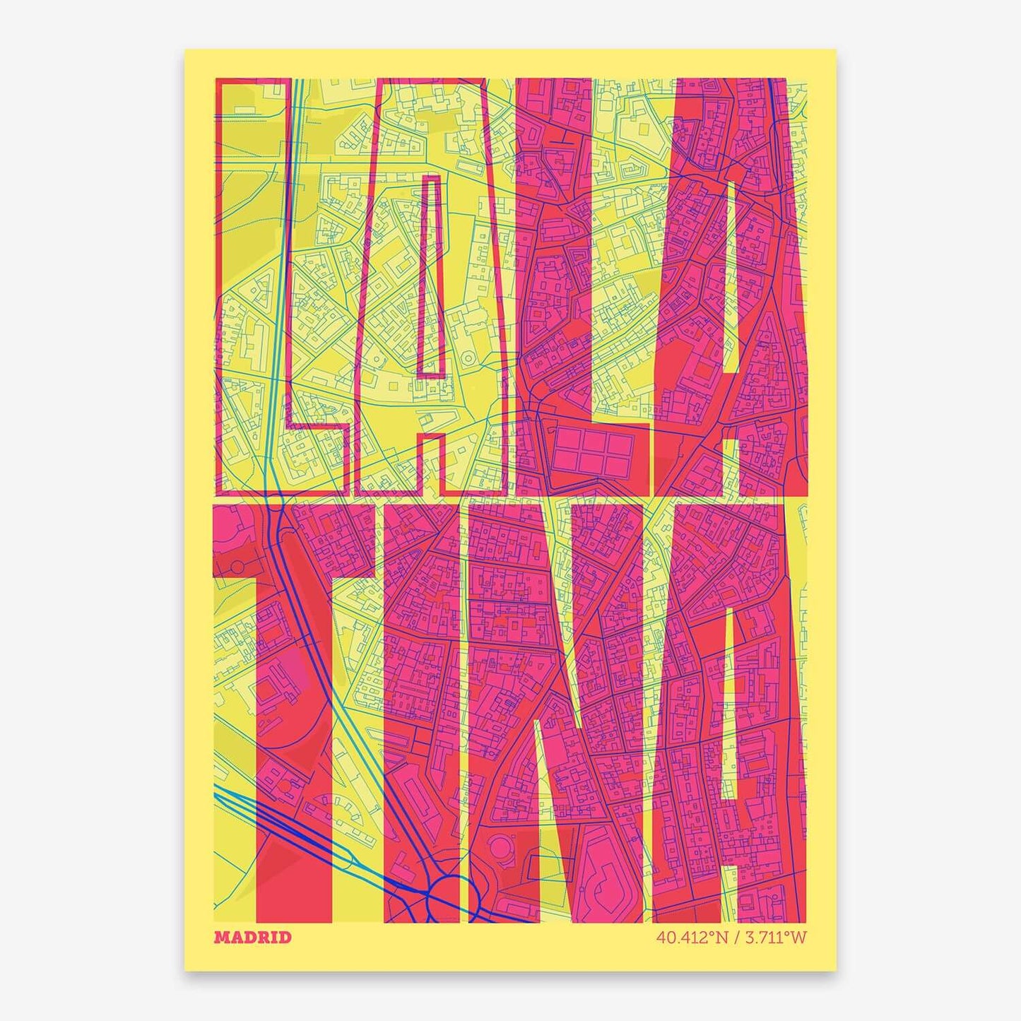 The map of La Latina composed with letters in a heavy geometric font printed on yellow and fuchsia