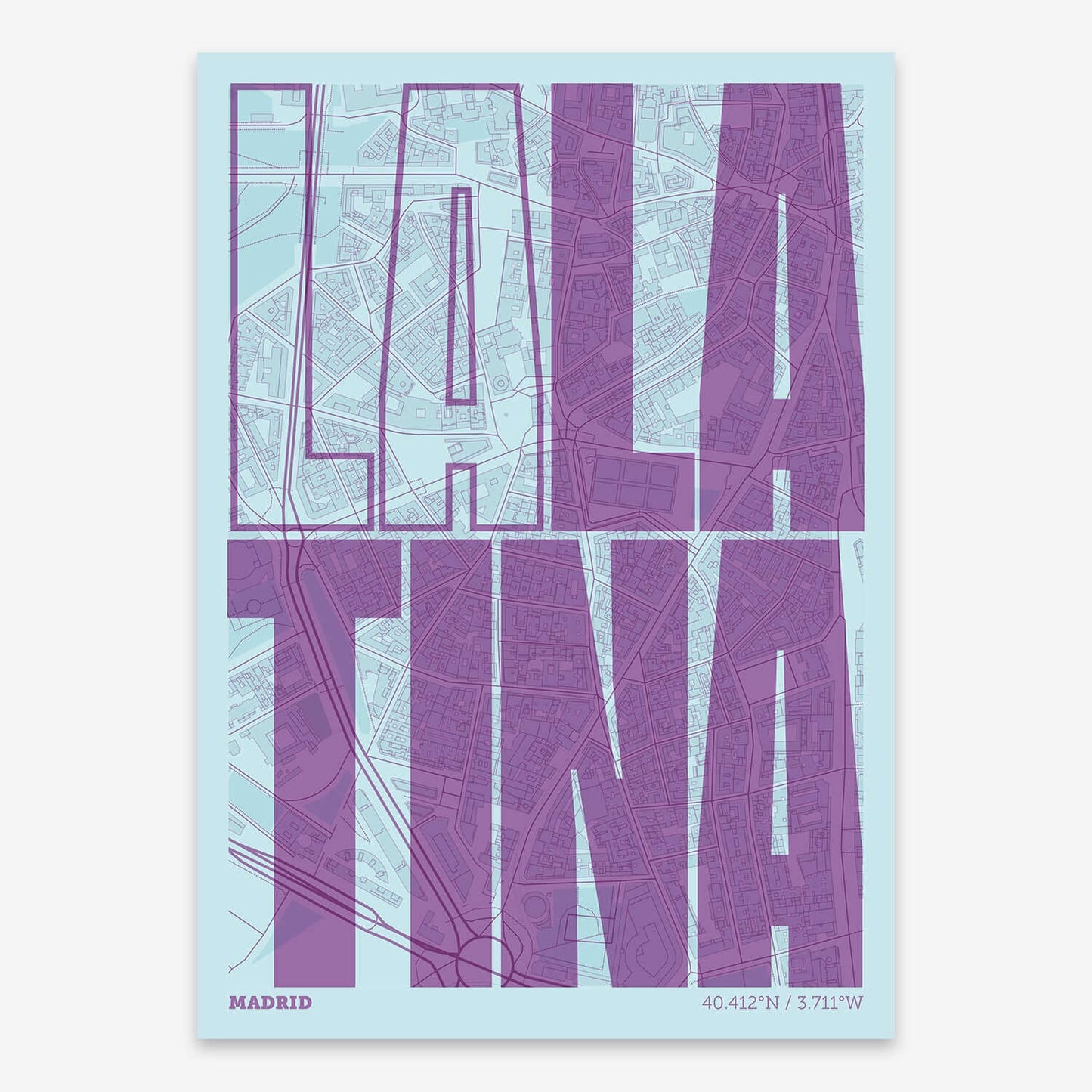 The map of La Latina composed with letters in a heavy geometric font printed on purple and light blue