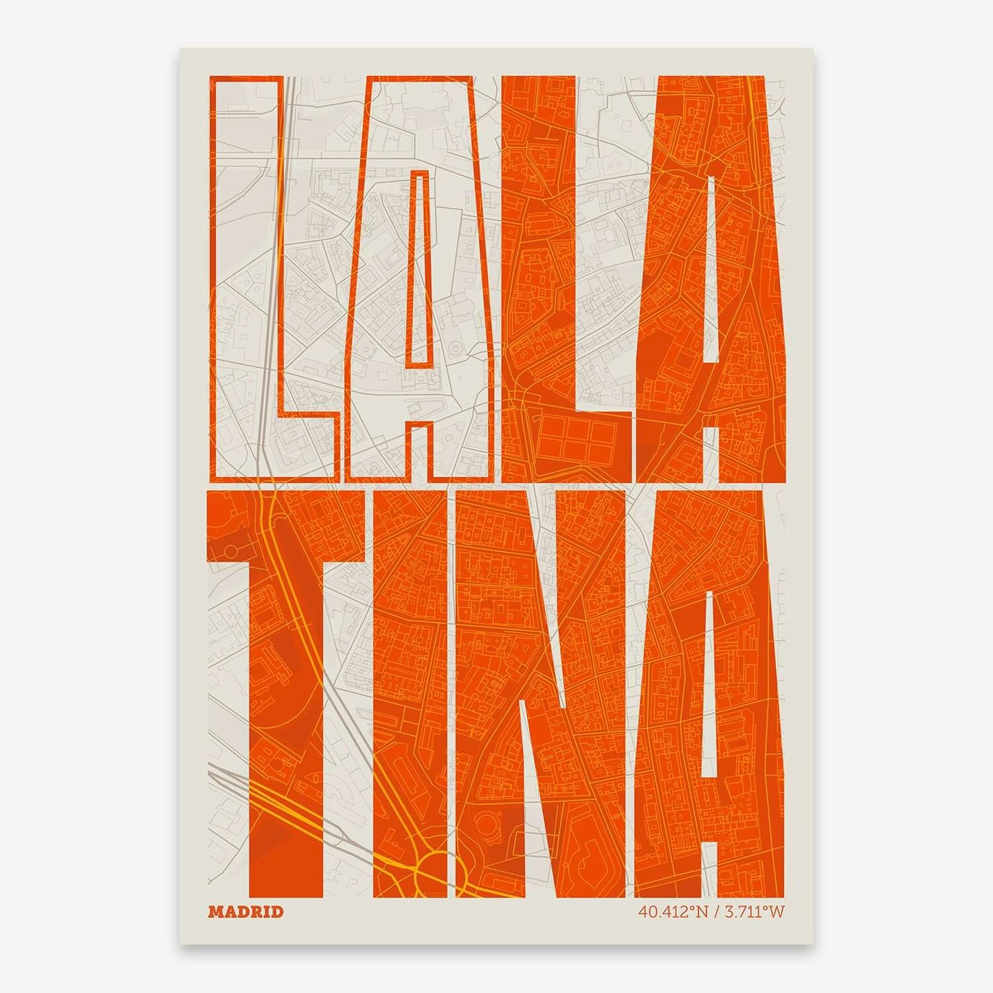 The map of La Latina composed with letters in a heavy geometric font printed on orange and an off-white background