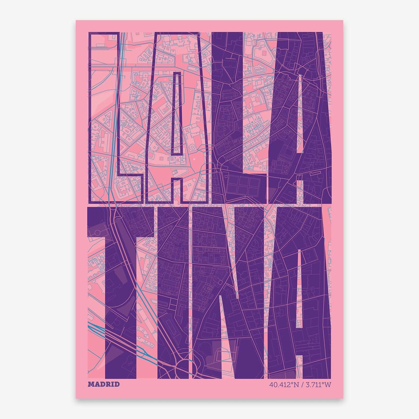 The map of La Latina composed with letters in a heavy geometric font printed on violet y pink background