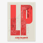 The map of Las Palmas in Super Bold design, a typographic poster where the city map is overlaid with extra-thick lettering for a modern, high-impact look designed in red and an off-white background