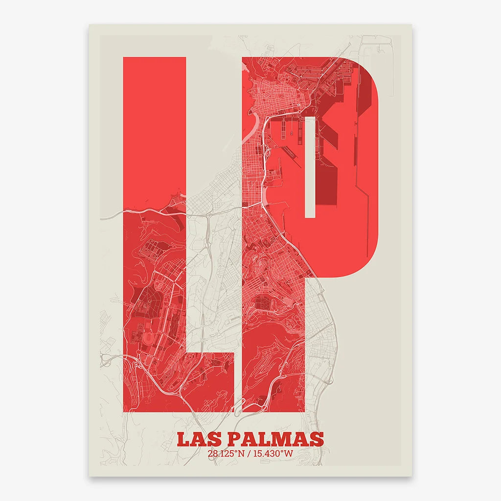 Decorative print of Las Palmas composed with letters in a heavy geometric font printed on red and an off-white background