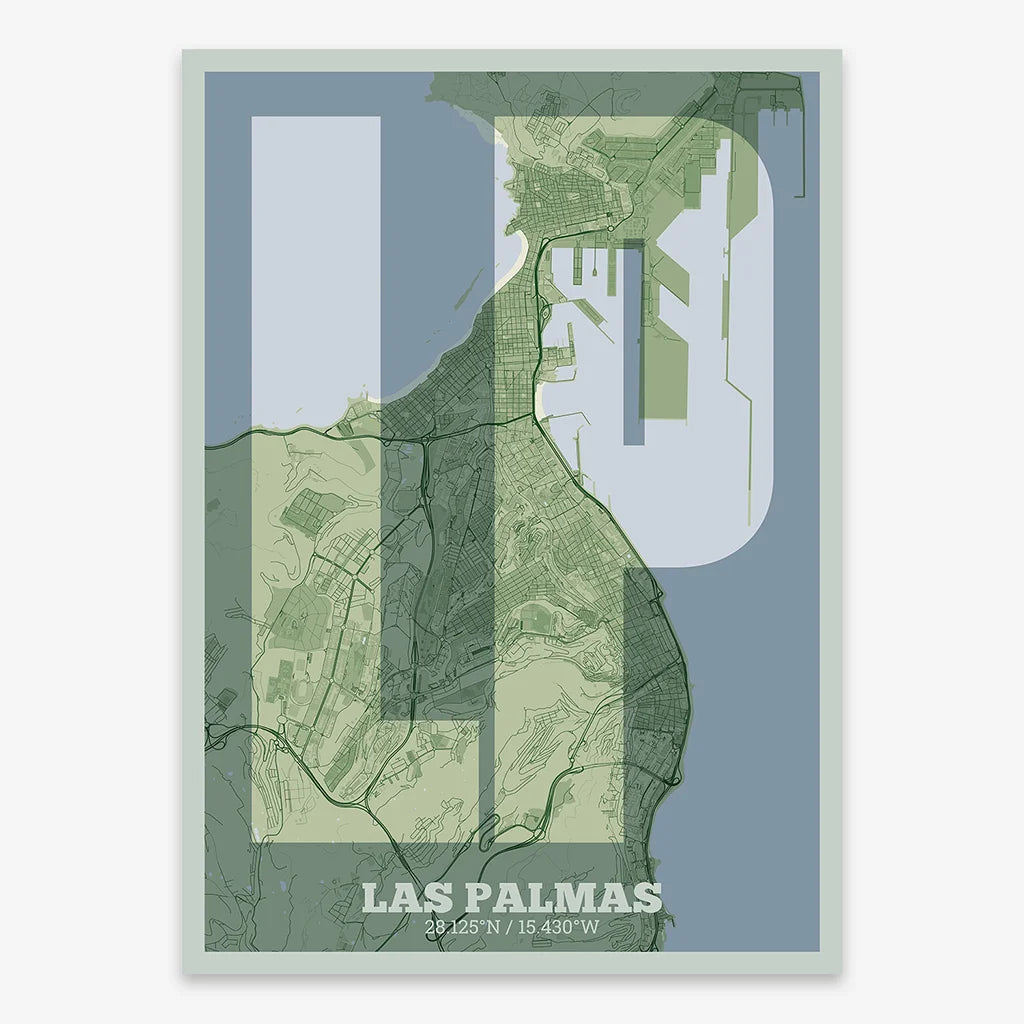 Decorative print of Las Palmas composed with letters in a heavy geometric font printed on two green tones