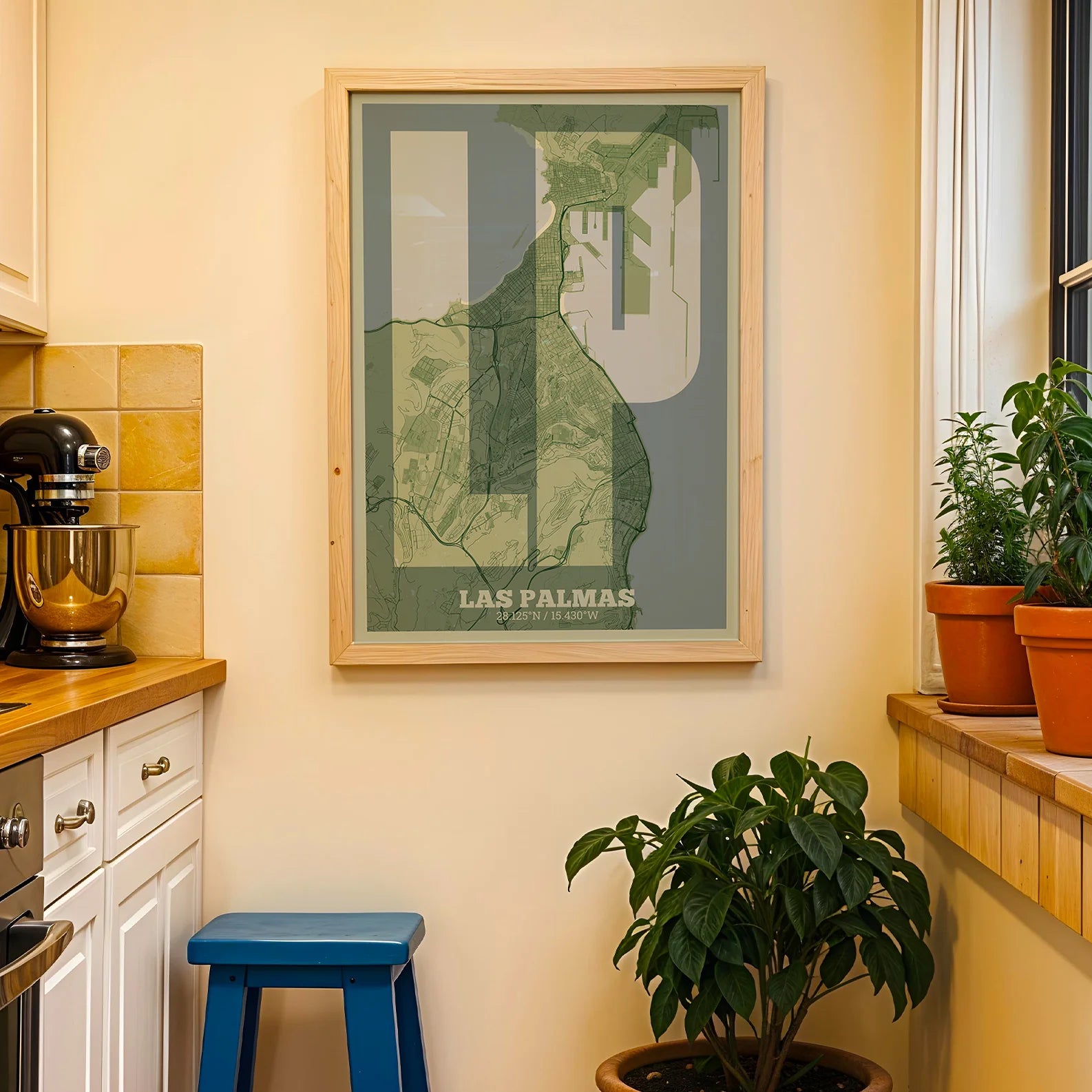Modern interior design with a Las Palmas in Super Bold design, a typographic poster where the city map is overlaid with extra-thick lettering for a modern, high-impact look designed in two green tones, displayed on a living room wall