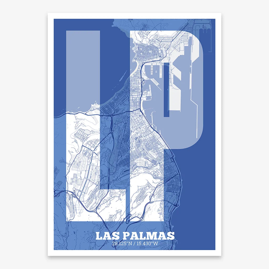 Decorative print of Las Palmas composed with letters in a heavy geometric font printed on navy blue and white
