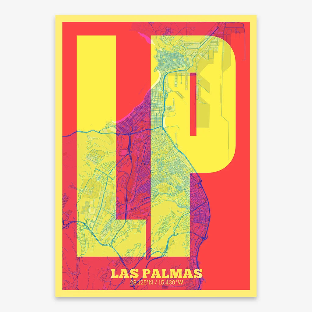 Decorative print of Las Palmas composed with letters in a heavy geometric font printed on yellow and fuchsia