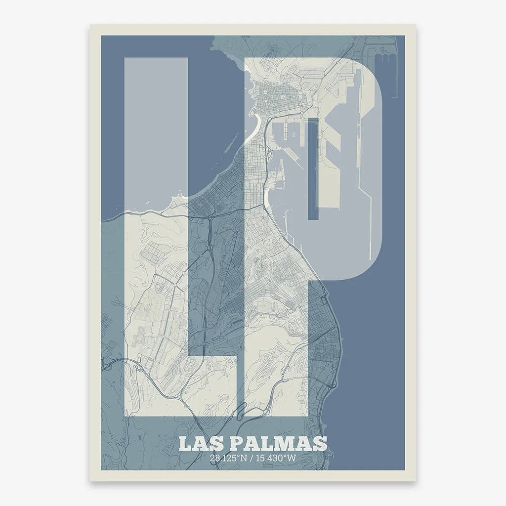 Decorative print of Las Palmas composed with letters in a heavy geometric font printed on bluish gray and an off-white background
