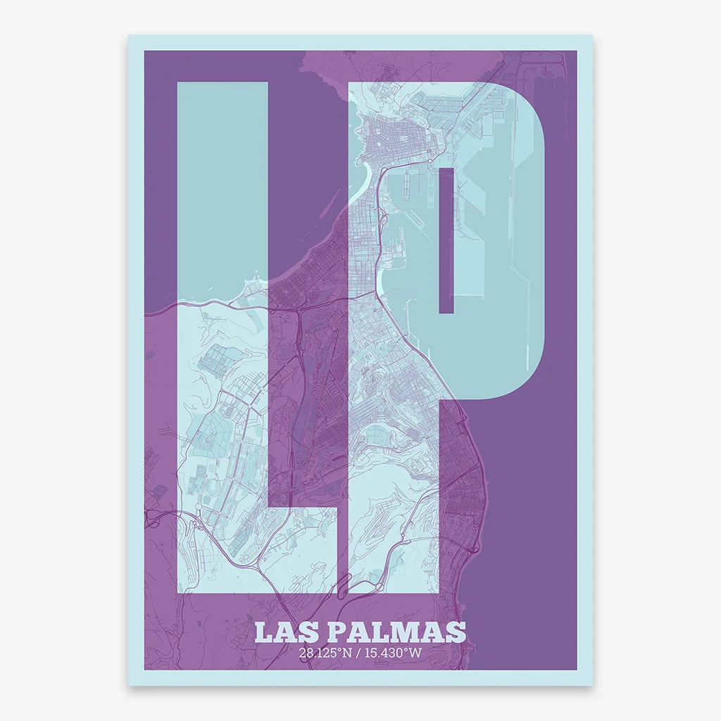 Decorative print of Las Palmas composed with letters in a heavy geometric font printed on purple and light blue
