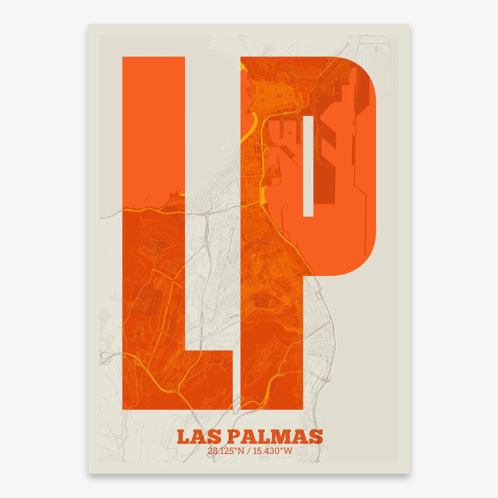 Decorative print of Las Palmas composed with letters in a heavy geometric font printed on orange and an off-white background
