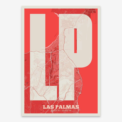The map of Las-Palmas composed with letters in a heavy geometric font printed on red and an off-white background