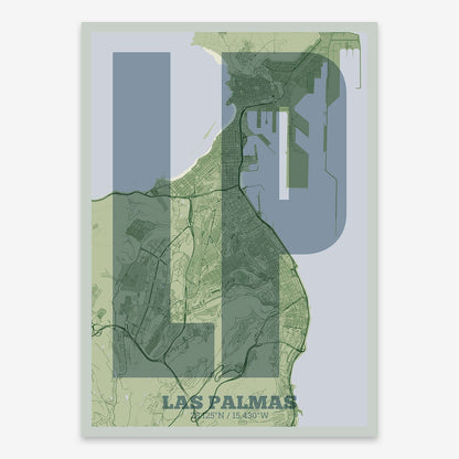 The map of Las-Palmas composed with letters in a heavy geometric font printed on two green tones