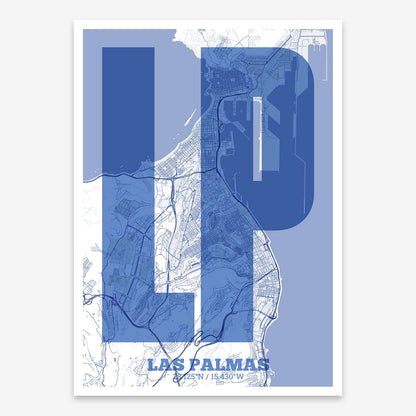 The map of Las-Palmas composed with letters in a heavy geometric font printed on navy blue and white