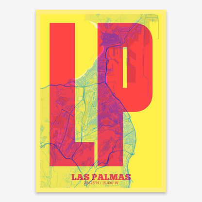 The map of Las-Palmas composed with letters in a heavy geometric font printed on yellow and fuchsia