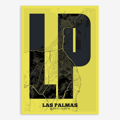 The map of Las-Palmas composed with letters in a heavy geometric font printed on black and yellow